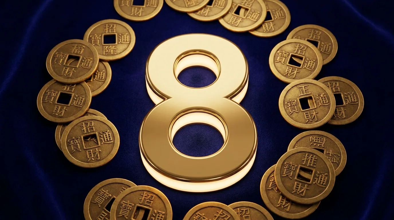 A prominent glowing golden number eight surrounded by Chinese coins