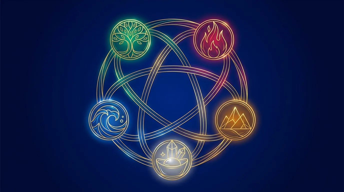 The five elements — Wood, Fire, Earth, Metal, Water — that colour every animal sign.