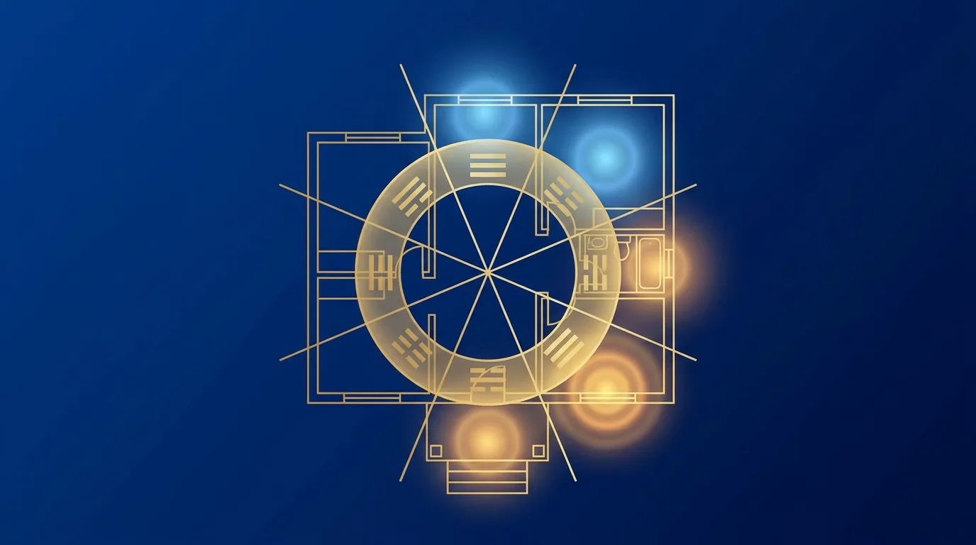 A home floor plan overlaid with a feng shui compass, some sectors glowing and some cool