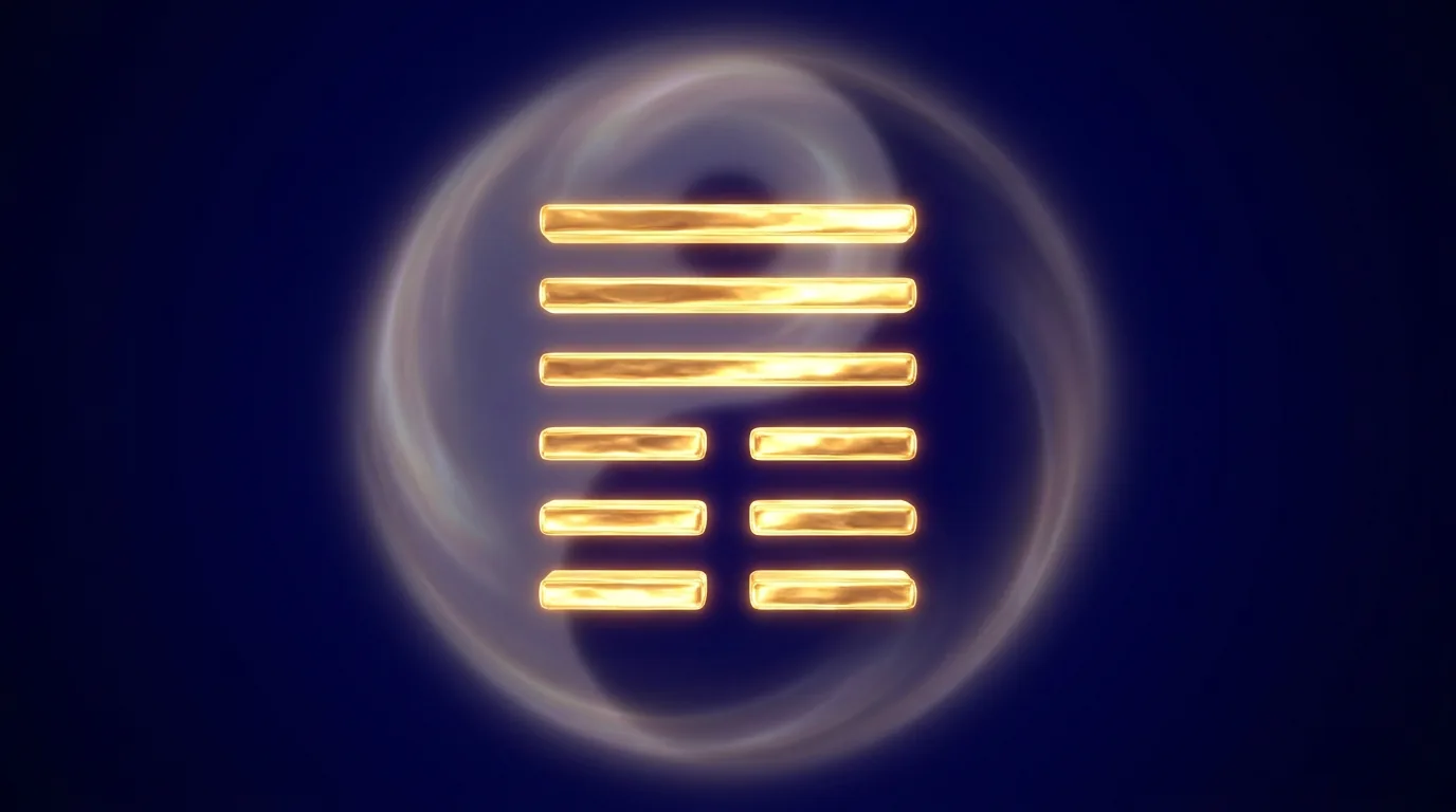 A single six-line I Ching hexagram of solid yang and broken yin lines