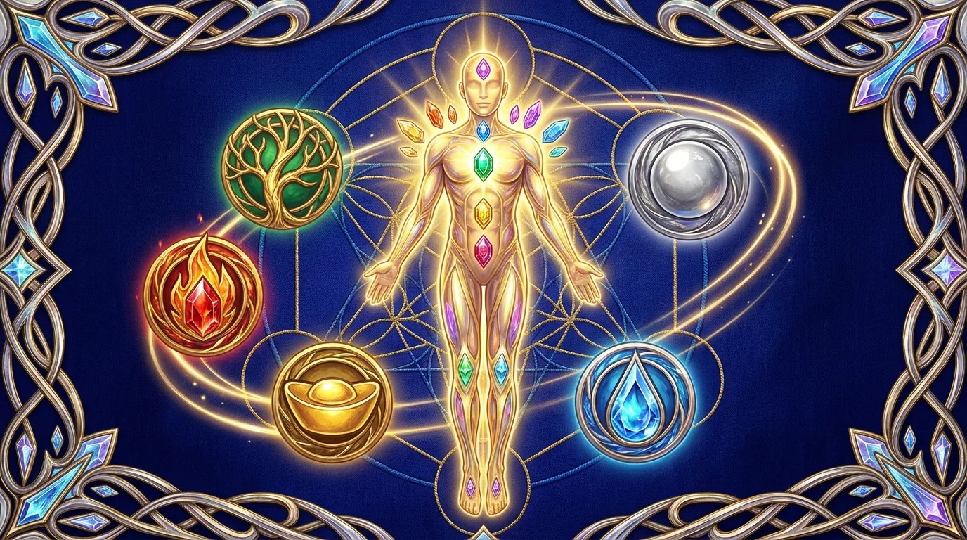 The Day Master sits at the centre; the entire chart is read in relation to it.