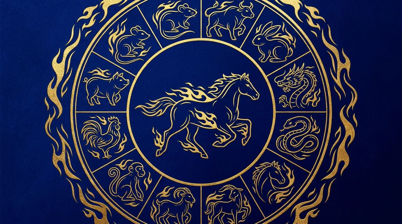 The Horse gallops at the centre of the zodiac wheel, doubling its fiery energy.